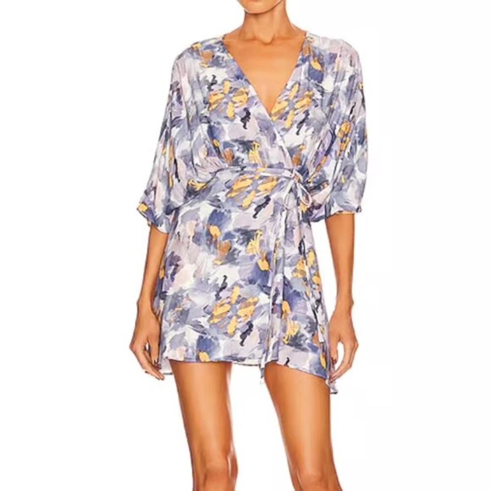 Anna Nata NWT Wrap Mini Dress Sz XS Blue Purple Yellow Flowy Sleeve